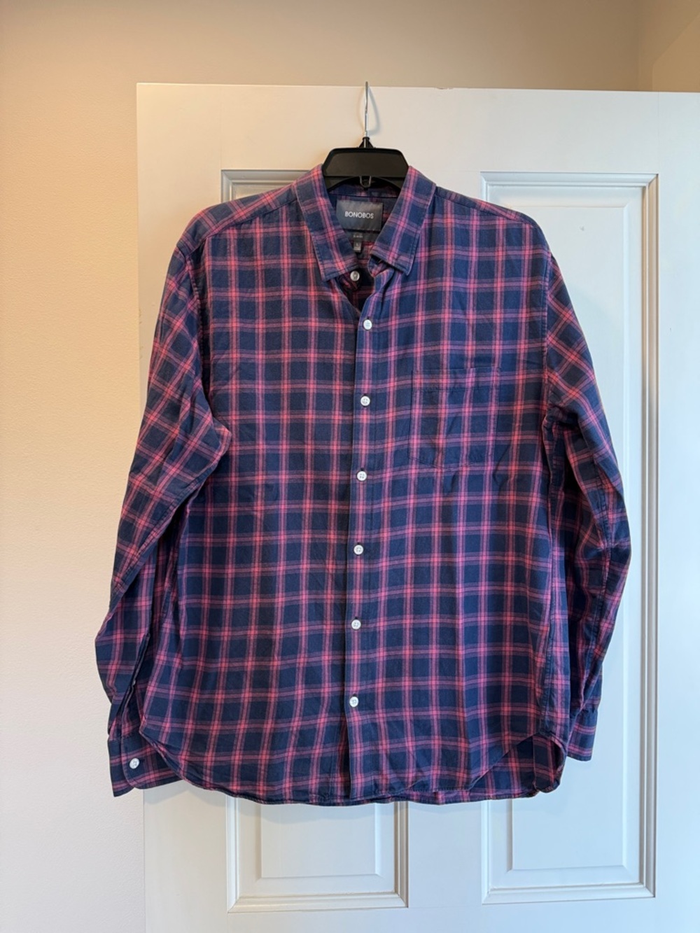 Men’s Bonobos Navy & Pink Plaid Long-Sleeve Button-Down Shirt - size large